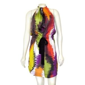 Trina Turk Wavelengths Print Silk Halter Neck Dress size 2 small purple brown